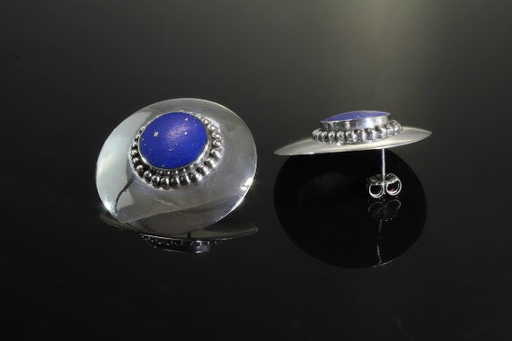 Vintage Large 35mm round sterling silver and lapis lazuli lookalike earrings, fun ear candy, Mother's day gift