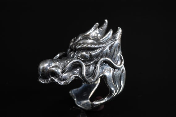 Vintage Chinese dragon ring in sterling silver, size 9.75 only,  statement jewelry, Oriental mythical creature, good luck, strength