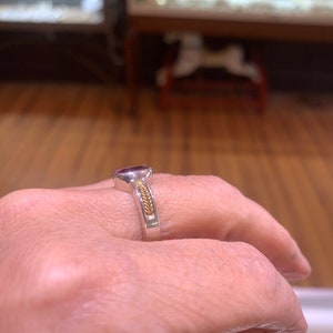 May include: A silver ring with a purple gemstone and a gold band with a braided design.