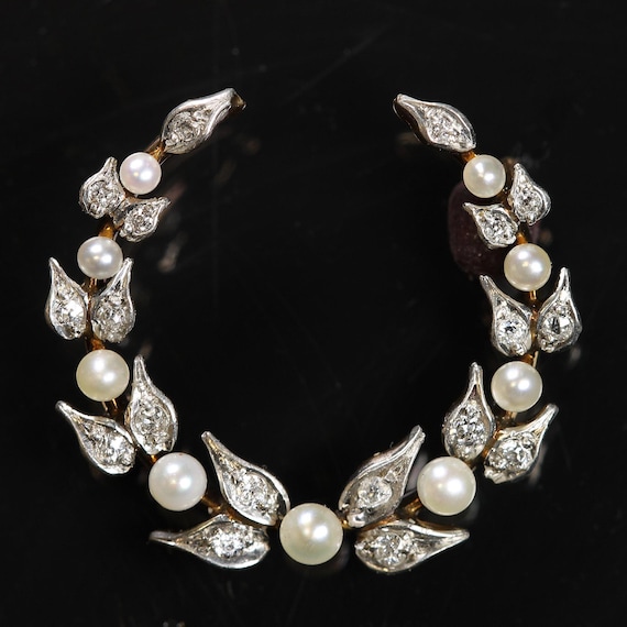 Vintage 14K gold wreath brooch with diamonds and pearls, Victorian style, belle epoch jewelry, feminine gift idea