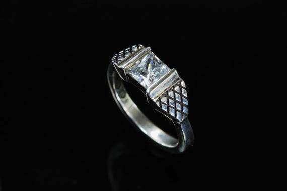 Handmade double horseshoe nail ring with princess cut cubic zirconia, sterling silver, prairie wedding band, equestrian horse lover