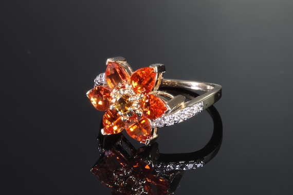 Wow! Vintage Lab grown orange sapphire and diamond 10K yellow gold ring, flower jewelry, estate statement jewelry, eye catching