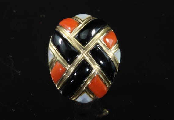 Multistone inlaid 14K yellow gold omega back earrings, coral, black onyx, mother of pearl