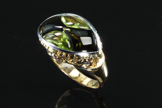 Unique vintage 18K yellow gold, peridot green tourmaline and diamond ring size 7.25 only