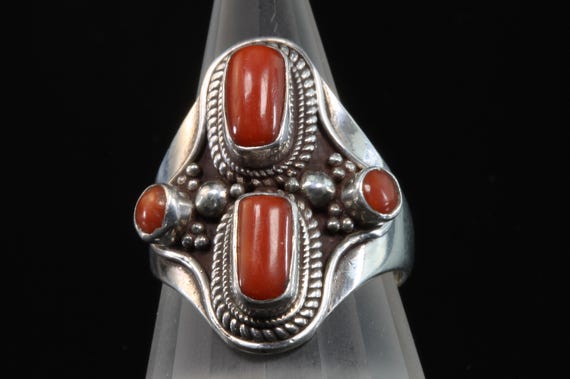 Vintage red coral 925 ring, sterling silver southwestern style jewelry size 9.25