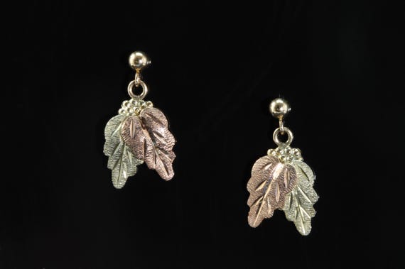 Vintage Black Hills Gold double leaf drop earrings, 10K two tone gold, F L Thorpe hallmark, dainty floral ear candy, feminine everyday wear