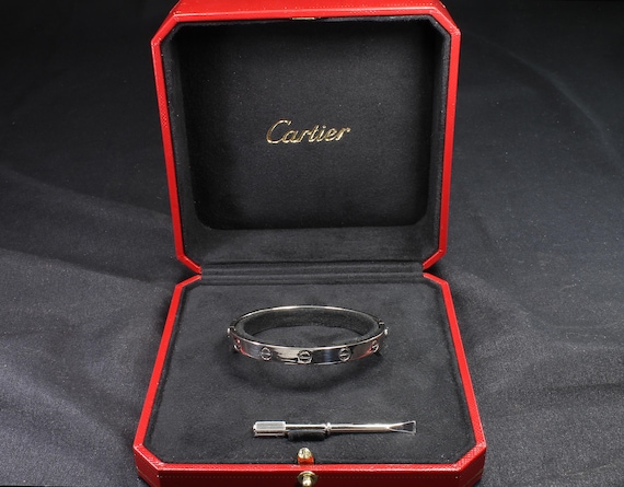 Vintage Cartier Love bracelet, 18K white gold screw on bangle with original case and screw driver