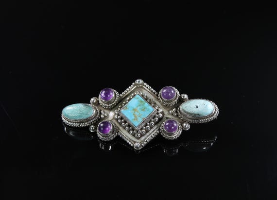 Vintage turquoise and amethyst brooch, 925 sterling silver southwestern jewelry