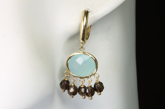 Vintage Ross Simons 14K yellow gold blue chalcedony & smoky quartz bead drop earrings, great gift idea