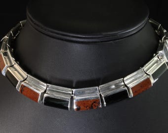 Vintage 950 silver, black onyx and mahogany jasper choker, mid century modern Taxco Mexico statement jewelry