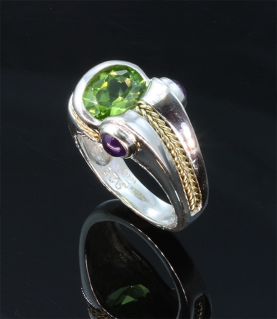 Handmade Sterling Silver, 18K Gold, Peridot and Amethyst Ring, unisex jewelry, August birthstone, colorful, wearable art, green and purple