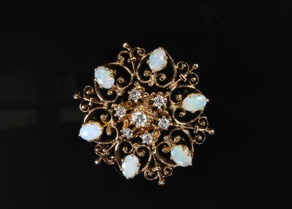 Vintage Victorian style/revival 14K yellow gold opal and diamond brooch, .89 ctw, statememt estate fine jewelry, October birthstone