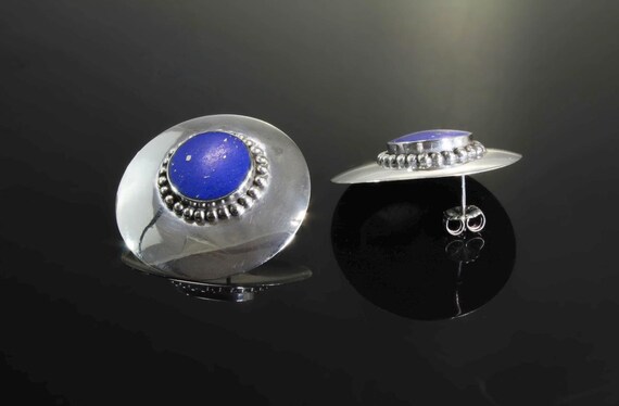Vintage Large 35mm round sterling silver and lapis lazuli lookalike earrings, fun ear candy, Christmas gift for her, statement jewelry