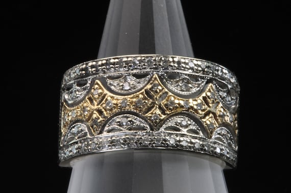 Vintage wide filigree band, two tone 10K gold and diamonds. Size 6.25 only
