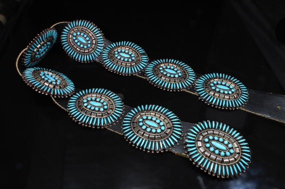 Vintage Zuni turquoise petit point sterling silver and copper concho 38" belt, southwestern statement,  Mother's Day gift