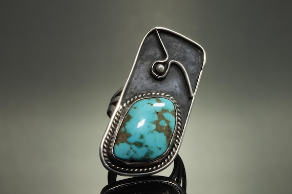 Vintage sterling silver and blue turquoise southwestern style ring, Native Indigenous statement jewelry, gift for anyone, modernistic