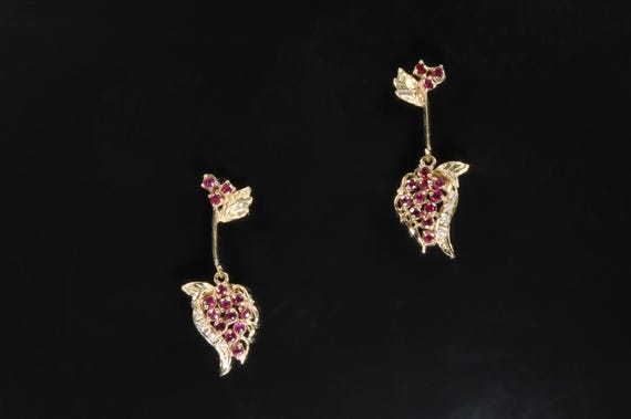 Vintage strawberry drop dangle earrings, 14K yellow gold, rubies and diamonds ear candy, gift for her, Mother's Day Gift