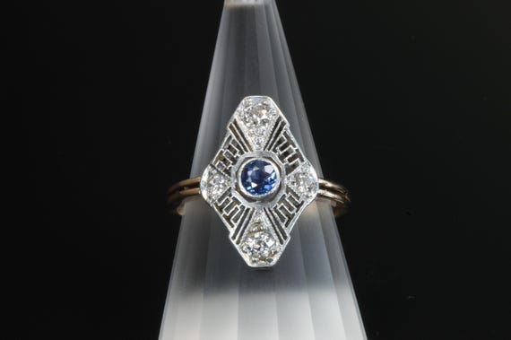 Vintage Art Deco style 14K two tone ring with sapphire and diamond, timeless elegance, estate jewelry