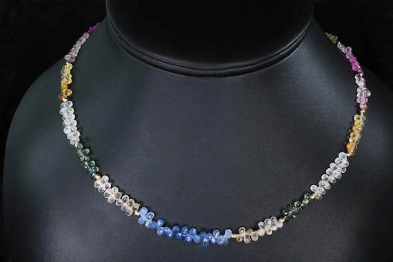 Handmade multi colored briolette sapphire necklace, rainbow of colors, 19”, Mother Nature rocks!