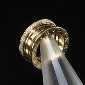 Vintage B.zero1 18 kt yellow gold three-band ring, diamond edges, classic fashion luxury statement estate jewelry, size 5 only