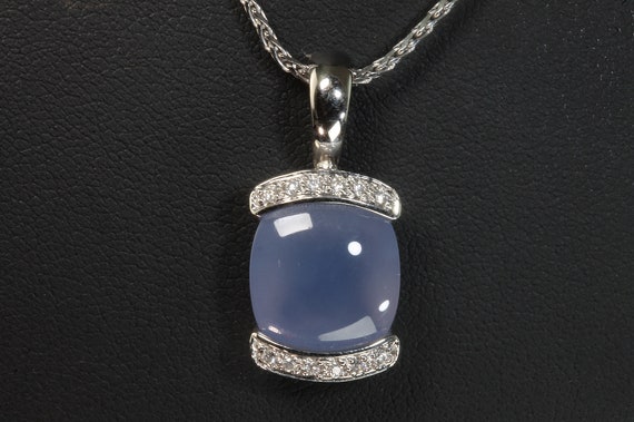 Vintage blue chalcedony and diamond 14K white gold pendant 18" 14K white gold chain included, feminine, gift for her