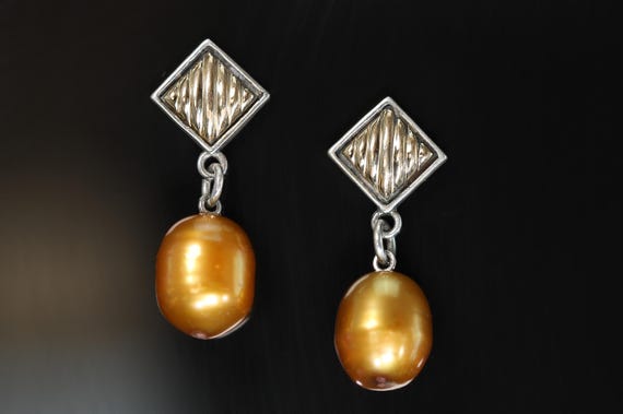 Vintage Steven Stamas sterling silver, 14K yellow gold filled accents and fresh water pearl drop earrings, feminine jewelry, gift for her