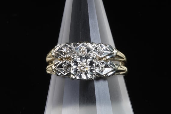 Vintage unique interlocking bridal set, 14K yellow gold and diamond, both rings size 8.25