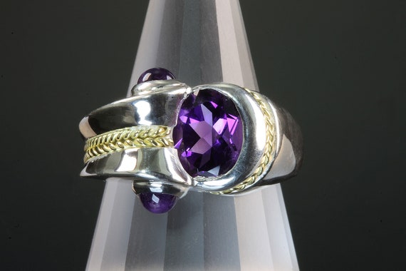 Handmade ring, Sterling Silver, 18K yellow gold amethyst, unisex jewelry purple gemstone February birthstone unique statement jewelry design