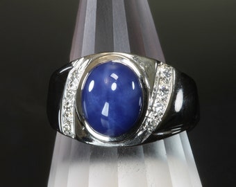Vintage Linde Star sapphire mans ring, 14K white gold, .12 ctw diamonds, flashy, mid century, gentlemans jewelry, gift for him