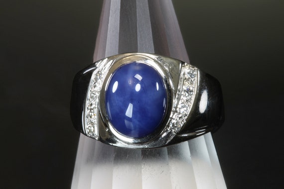 Vintage Linde Star sapphire mans ring, 14K white gold, .12 ctw diamonds, flashy, mid century, gentlemans jewelry, gift for him