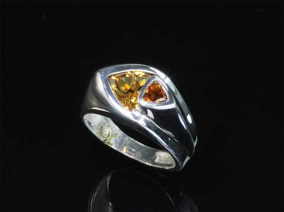 Handmade sterling silver Citrine and Madiera Citrine trillion gemstone ring, fancy. cut, colorful stylish statement ring