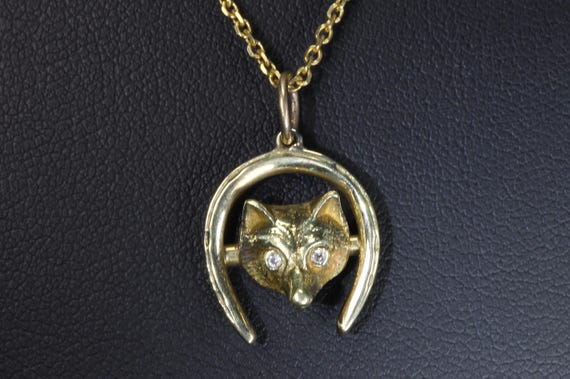 Vintage fox and horseshoe 14K yellow gold pendant and just shy of 20" thin link 14K gold chain included.