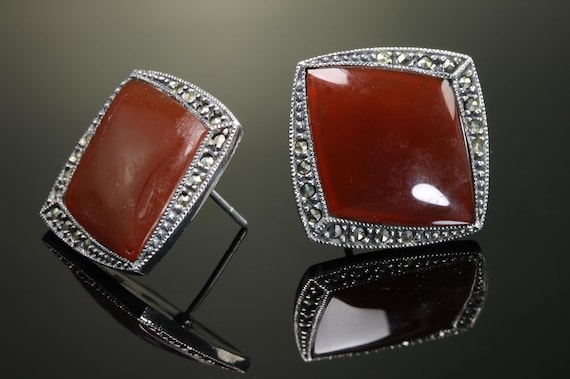 Vintage Art Deco style Judith Jack carnelian, marcasite sterling silver earrings