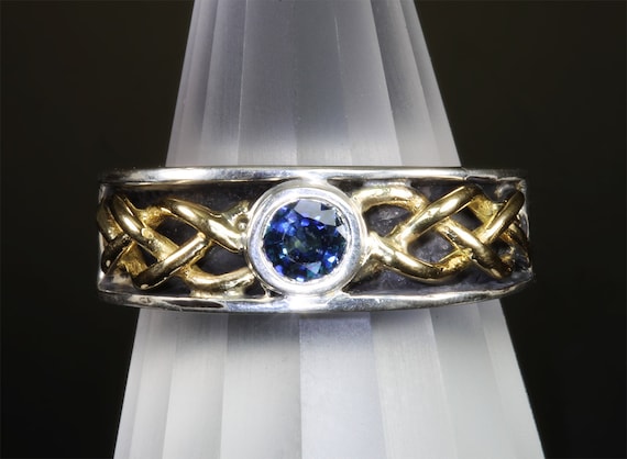 Handmade sterling silver, 18K yellow gold and spectacular half carat round blue sapphire, fine unisex jewelry September birthstone