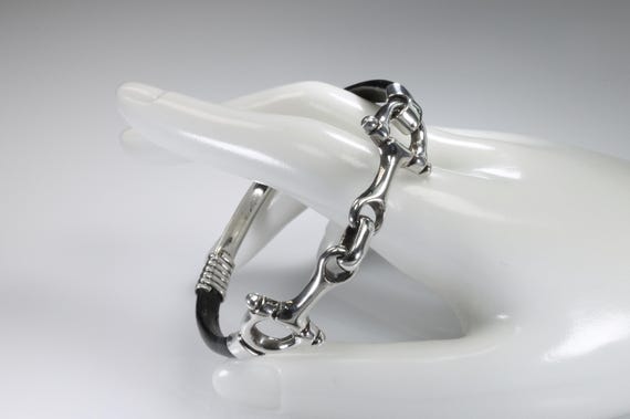 Vintage sterling silver and black leather bit bracelet, equestrian gift, horse lover