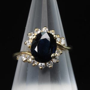 Vintage sapphire and diamond halo 14K yellow gold ring, timeless design, mid century, September birthstone, estate statement jewelry