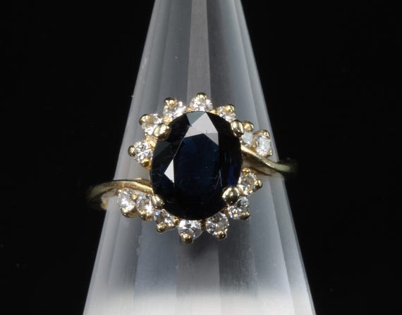 Vintage sapphire and diamond halo 14K yellow gold ring, timeless design, mid century, September birthstone, estate statement jewelry