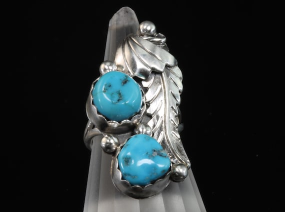 Vintage feather motif turquoise 925 sterling silver ring