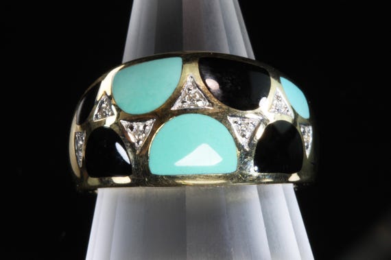 Vintage Mod retro 14K yellow gold, diamond and enamel dome ring, size 8.25 only