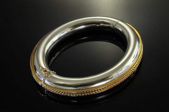 Vintage TANE made in Mexico sterling silver and 23K gold clad silver hinged bangle bracelet, statement jewelry, gift idea