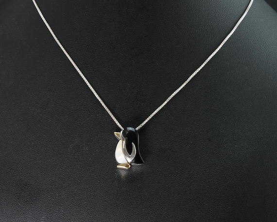 Vintage sterling silver, 14K yellow gold, mother of pearl and black onyx penguin pendant with 18" sterling box chain, great gift idea