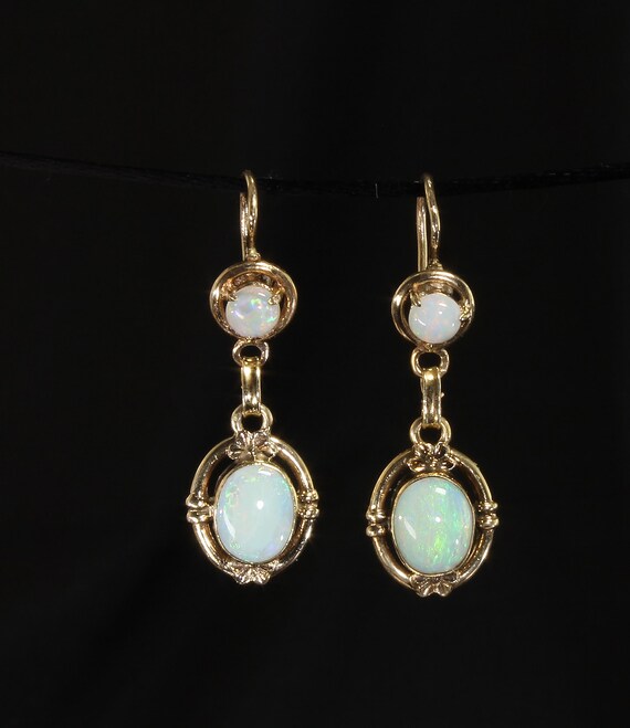 Vintage Victorian style  14K yellow gold drop and dangle opal earrings, October birthstone, play of color, gift for her, mid century jewelry