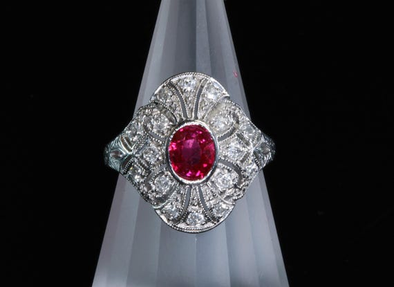Vintage 18K white gold ruby and diamond ring, romantic, 1940s, feminine, statement jewelry, Art Deco, size 8 only