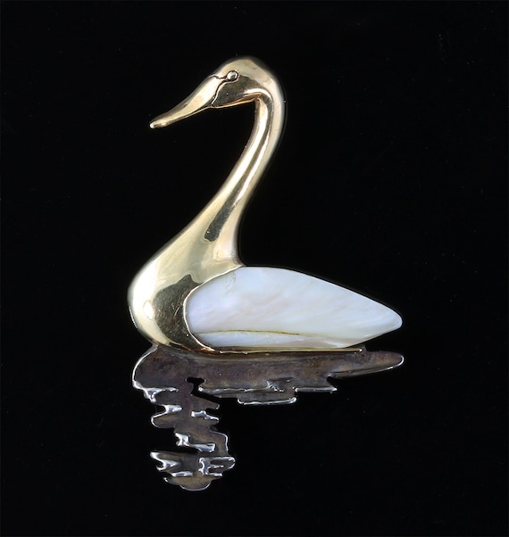 Handmade 14K Yellow Gold and Sterling Silver Refection Swan Pin, swan bird jewelry, brooch elegant gift for her bird lover ugly duckling