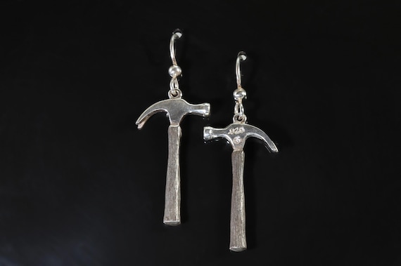 Our handmade sterling silver hammer earrings, tool, statement jewelry, made in the USA! Gift idea for anyone, carpenter, woodworking