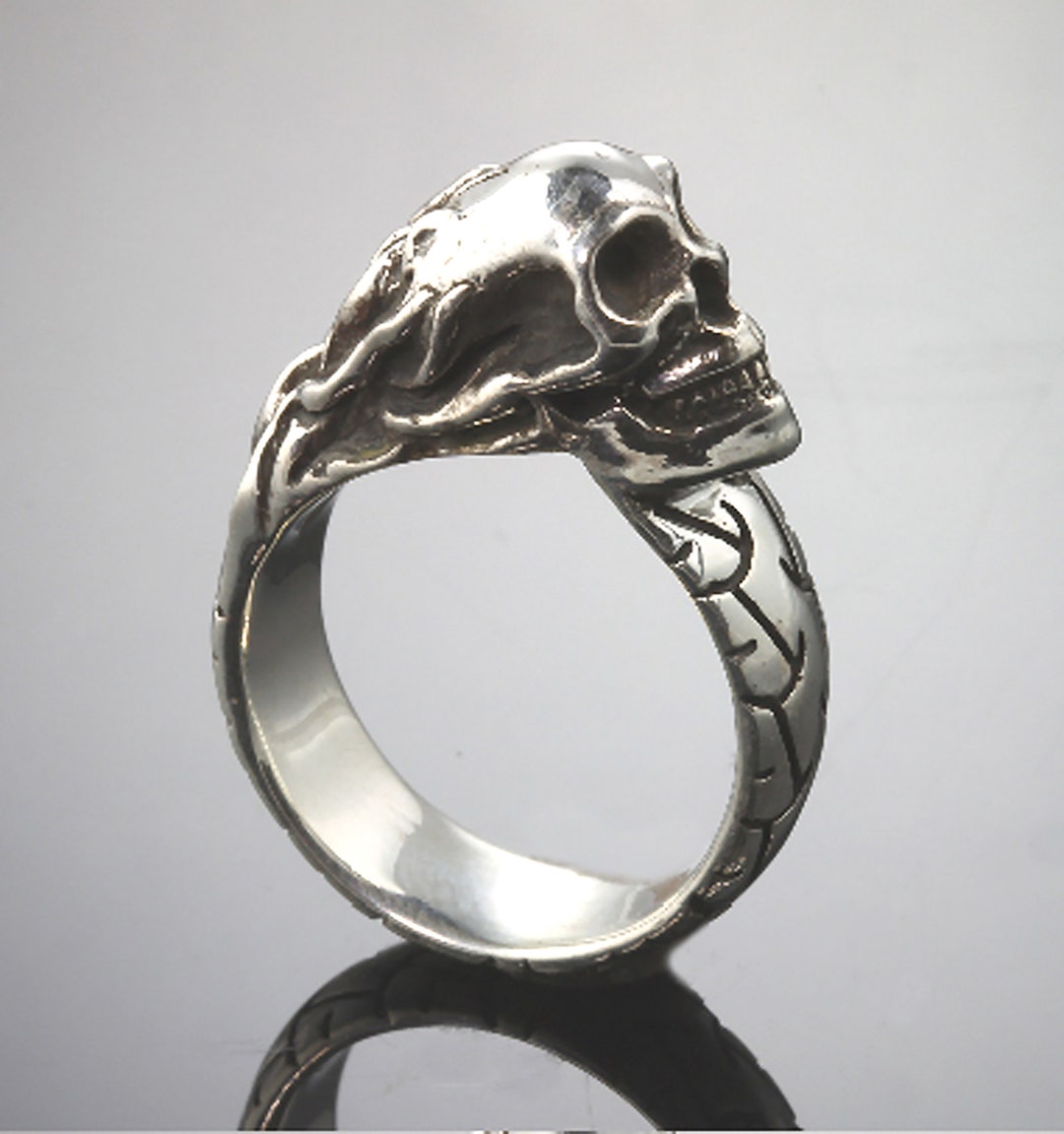 Handmade Sterling Silver Flaming Skull Ring With Tread, Masculine