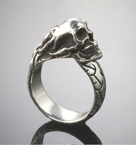 Handmade sterling silver flaming skull ring with tread, masculine, biker jewelry, unisex jewelry