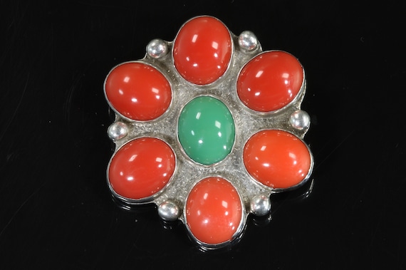 Vintage Taxco 925 sterling silver red coral and turquoise brooch, colorful adornment,