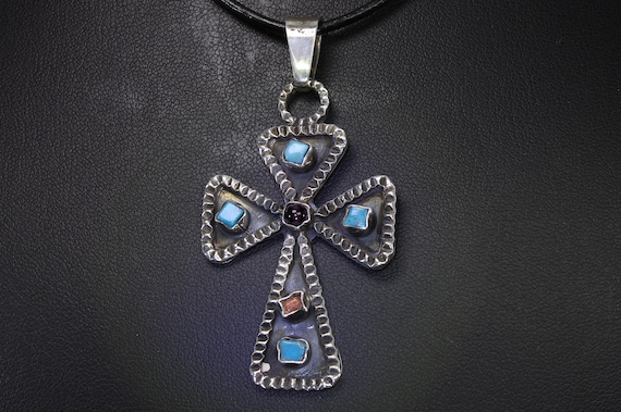 Vintage CII 925 Mexico Caravantes cross, turquoise, amethyst, coral