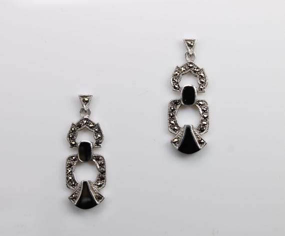 Vintage Art Deco style sterling silver, marcasite and black onyx drop earrings, sparkly ear candy, statement jewelry, gift for her